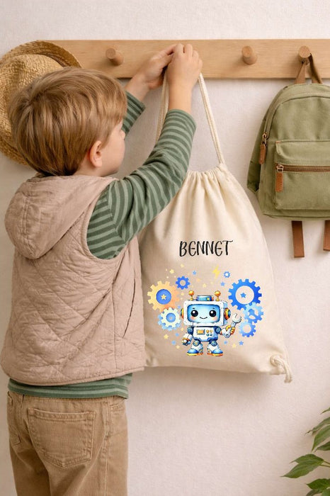 Kinder Turnbeutel mit Namen personalisiert – Roboter Sportbeutel für Kindergarten, Schule und Schwimmen - CreativMade