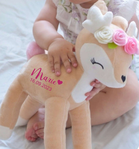Kuscheltier Reh mit Name personalisiert Mädchen Stofftier Geburtsdatum Plüschtier Baby Geburt - CreativMade 