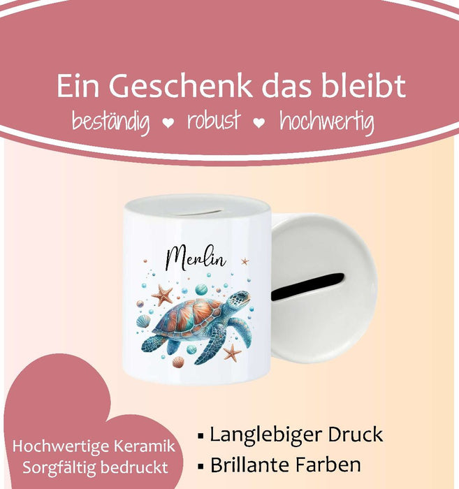 Personalisierte Kinderspardose mit Namen Schildkröte - Keramik Spardose zur Einschulung, Geburt oder Taufe - CreativMade