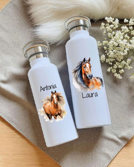 Personalisierte Kinder Trinkflasche mit Namen Pferd – Edelstahl Thermosflasche auslaufsicher für Kindergarten & Schule - CreativMade