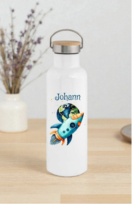 Personalisierte Kinder Trinkflasche mit Namen Rakete Astronaut – Edelstahl Thermosflasche auslaufsicher für Kindergarten & Schule - CreativMade