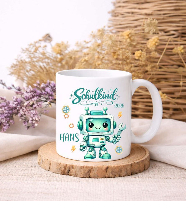 Schulkind Tasse personalisiert Roboter Jungen Einschulungstasse mit Namen Geschenk Einschulung Erstklässler - CreativMade