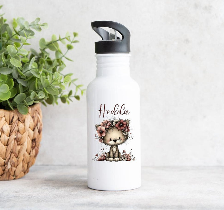 Personalisiertes Kinder Trinkflaschen- & Tassen-Set mit Namen Katze – Edelstahl Trinkflasche 500 ml für Schule & Kindergarten - CreativMade
