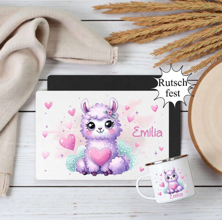 Kinder Tischset personalisiert mit Namen Lama Mädchen - abwischbar und rutschfest Platzdeckchen Platzset Tischunterlage - personalisierte Tasse Emaille & Keramik - CreativMade 