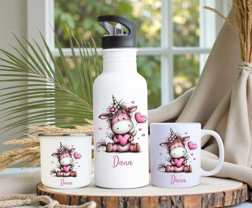 Personalisiertes Kinder Trinkflaschen- & Tassen-Set mit Namen Einhorn – Edelstahl Trinkflasche 500 ml für Schule & Kindergarten - CreativMade