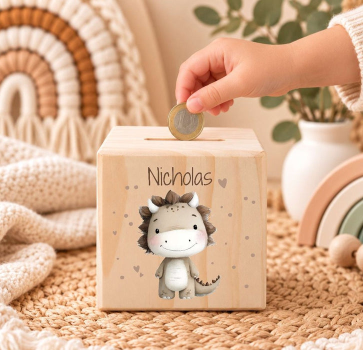 Personalisierte Kinder Spardose mit Namen Dinosaurier - Holzspardose für Kinder - CreativMade