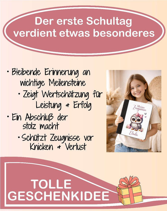 Personalisierte Zeugnismappe mit Namen Eule – Mappe für Schulzeugnisse A4 | Geschenk zur Einschulung Mädchen - CreativMade