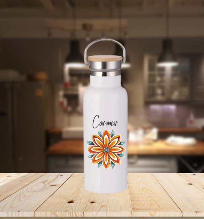 Personalisierte Thermosflasche mit Name Blume Trinkflasche Thermoskanne - CreativMade 