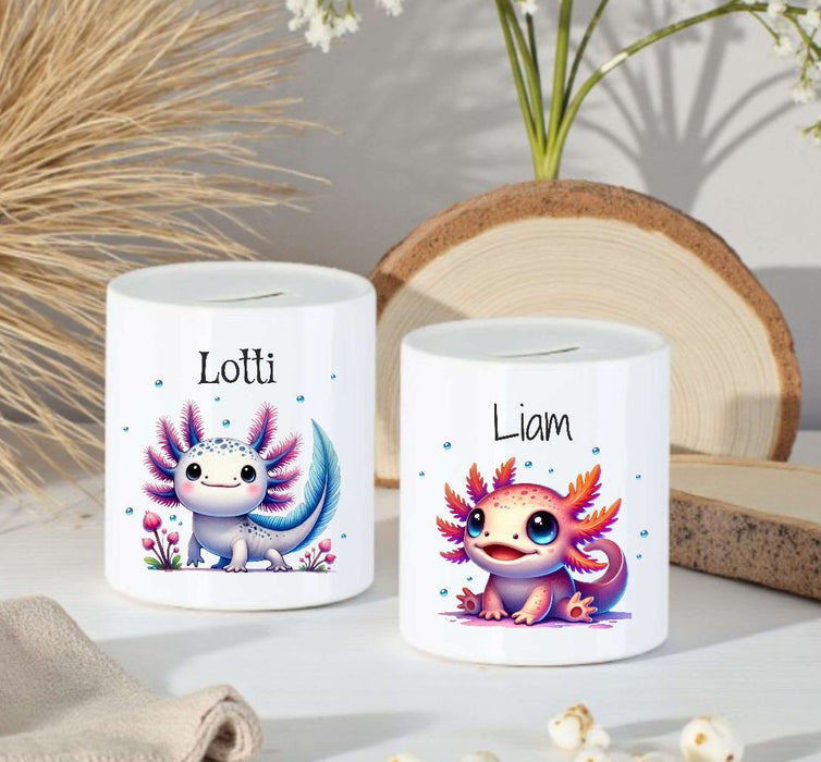 Personalisierte Kinderspardose mit Namen Axolotl - Keramik Spardose zur Einschulung, Geburt oder Taufe - CreativMade