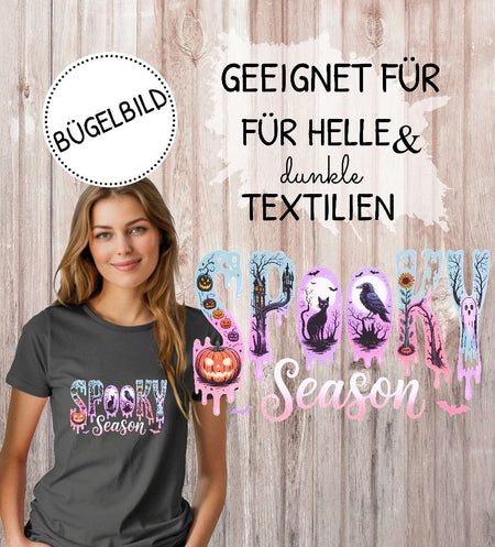 Bügelbild Spooky Season Halloween Aufbügelmotiv mit Kürbis & Geist DIY Aufbügler für T-Shirt, Pullover & Stoffe" - CreativMade