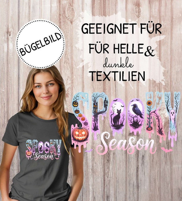 Bügelbild Spooky Season Halloween Aufbügelmotiv mit Kürbis & Geist DIY Aufbügler für T-Shirt, Pullover & Stoffe" - CreativMade