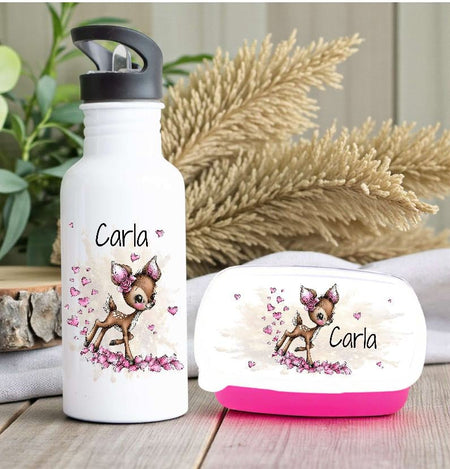 Brotdose & Trinkflasche personalisiert - Reh - Kinder Set mit Namen Edelstahl Trinkflasche - CreativMade 
