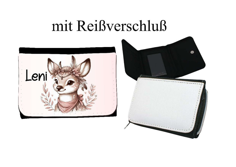 Kinder Geldbeutel personalisiert Reh – Geldbörse mit Namen Klettverschluss oder Reißverschluss Porte­mon­naie - CreativMade