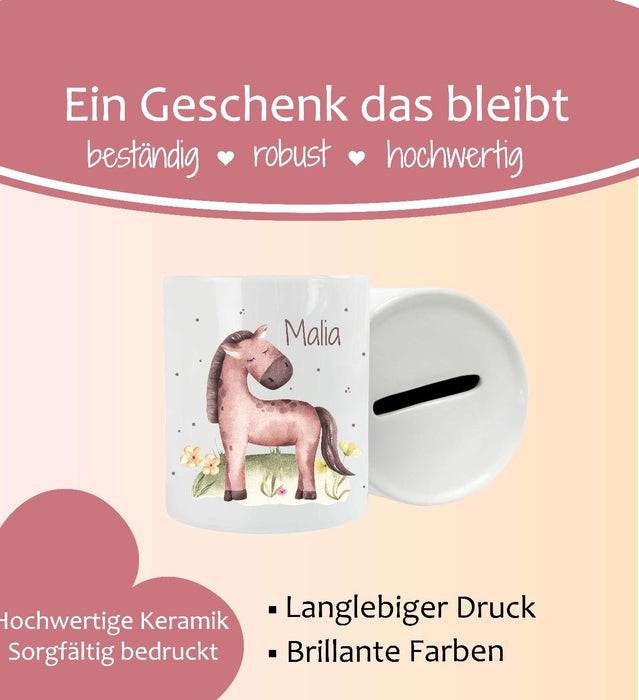 Personalisierte Kinderspardose mit Namen Pferd - Keramik Spardose zur Einschulung, Geburt oder Taufe - CreativMade