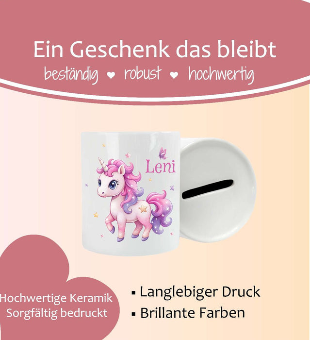 Personalisierte Kinderspardose mit Namen Pferd - Keramik Spardose zur Einschulung, Geburt oder Taufe - CreativMade