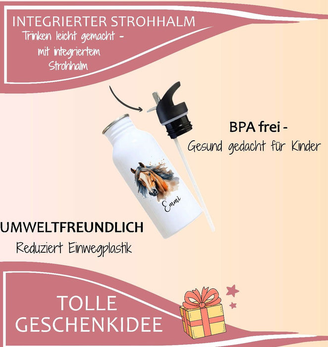 Personalisierte Trinkflasche Kinder Pferd -  Edelstahl Trinkflasche mit Name - Strohhalm Geschenk Einschulung Geburtstag - CreativMade 