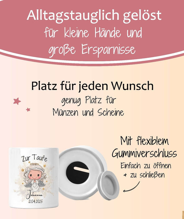 Personalisierte Taufspardose aus Keramik – Engel Mädchen - Spardose zur Taufe mit Namen - CreativMade