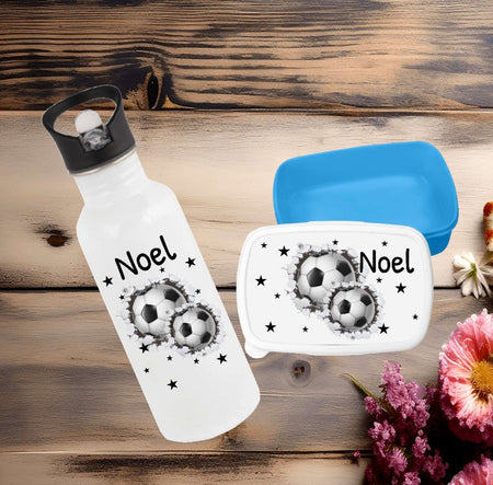 Set Brotdose und Trinkflasche personalisiert mit Namen Fußball Edelstahl 500ml Lunchbox Jungen - CreativMade