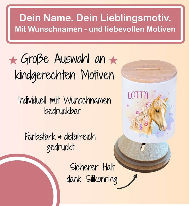 Kinder Spardose mit Name Pferd – Personalisierte Spardose für Kinder Keramik mit Bambusdeckel für Mädchen | CreativMade .