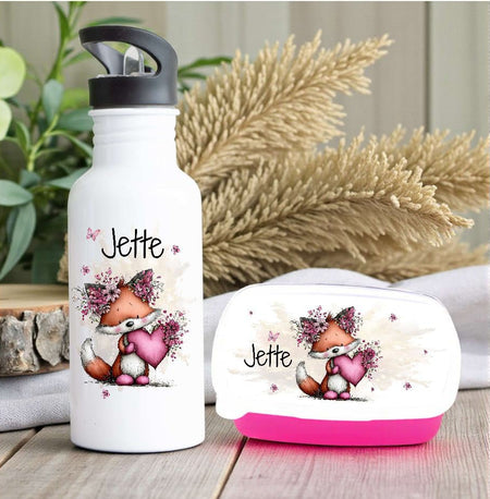 Brotdose & Trinkflasche personalisiert - Fuchs - Kinder Set mit Namen Edelstahl Trinkflasche - CreativMade 