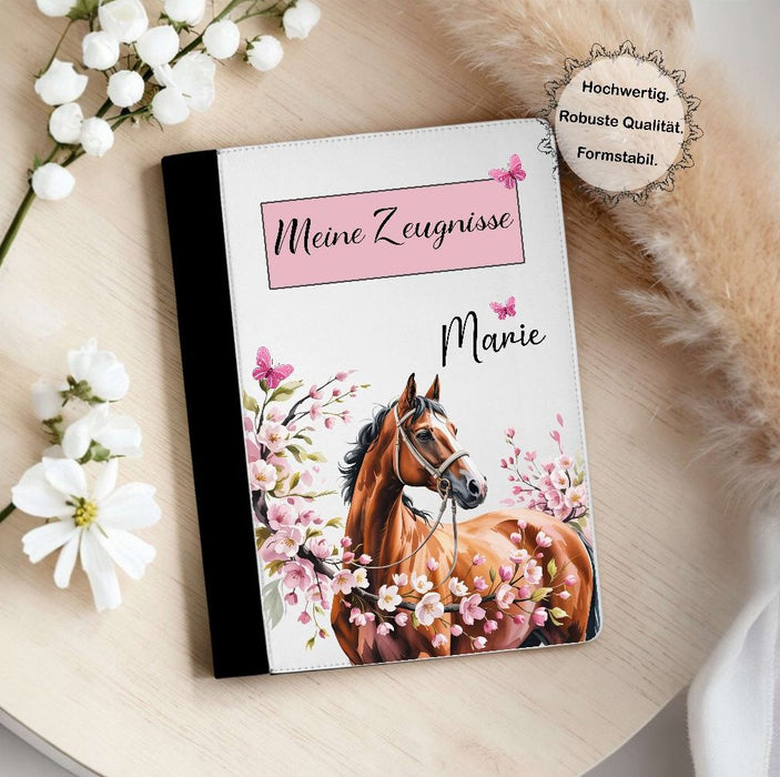 Personalisierte Zeugnismappe mit Namen Pferd – Mappe für Schulzeugnisse A4 | Geschenk zur Einschulung Mädchen - CreativMade