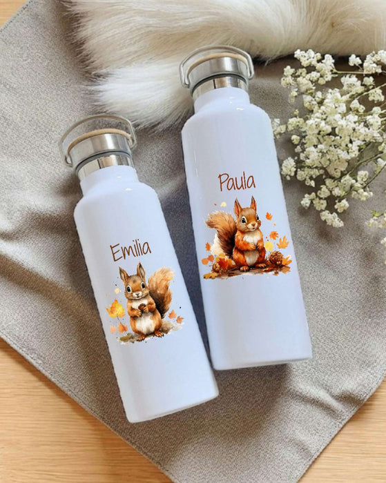 Personalisierte Kinder Trinkflasche mit Namen Eichhörnchen – Edelstahl Thermosflasche auslaufsicher für Kindergarten & Schule - CreativMade