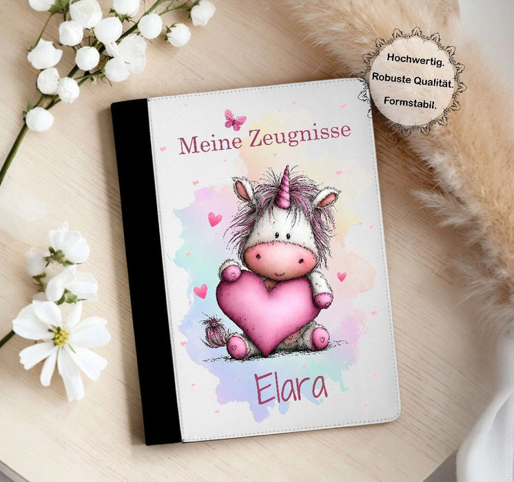 Personalisierte Zeugnismappe mit Namen Einhorn Mädchen – Mappe für Schulzeugnisse A4 | Geschenk zur Einschulung Jungen Mädchen - CreativMade 
