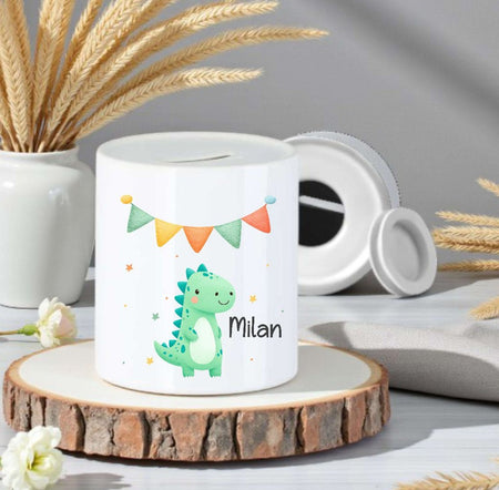 Personalisierte Kinderspardose mit Namen Dinosaurier – Keramik Spardose zur Einschulung, Geburt oder Taufe - CreativMade