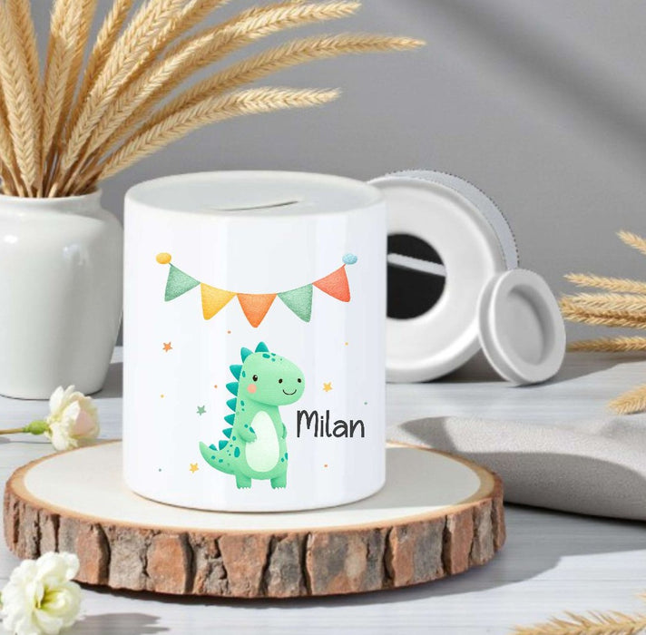 Personalisierte Kinderspardose mit Namen Dinosaurier – Keramik Spardose zur Einschulung, Geburt oder Taufe - CreativMade