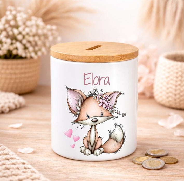 Kinder Spardose mit Name Tier-Motiv – Personalisierte Spardose für Kinder Keramik mit Bambusdeckel