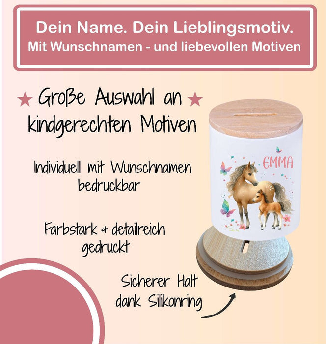 Kinder Spardose mit Name Einhorn – Personalisierte Spardose für Kinder Keramik mit Bambusdeckel für Mädchen | CreativMade .