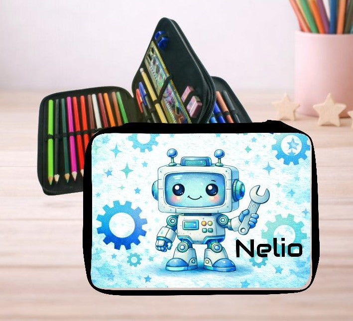 Personalisiertes Federmäppchen mit Name Roboter Jungen Geschenk Einschulung Federmappe Federpenal - CreativMade