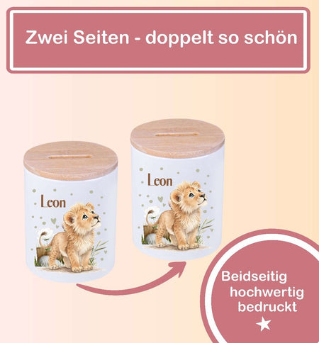 Kinder Spardose mit Name Löwe – Personalisierte Spardose für Kinder Keramik mit Bambusdeckel für Jungen - CreativMade