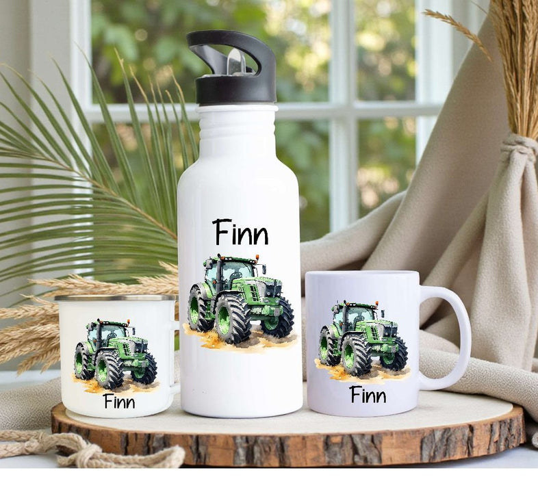 Personalisiertes Kinder Trinkflaschen- & Tassen-Set mit Namen Traktor – Edelstahl Trinkflasche 500 ml für Schule & Kindergarten - CreativMade