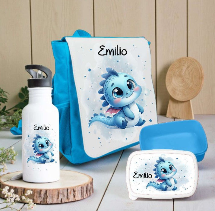 Kindergarten Set personalisiert Drache – Rucksack, Trinkflasche & Brotdose mit Namen Kitakind - CreativMade 