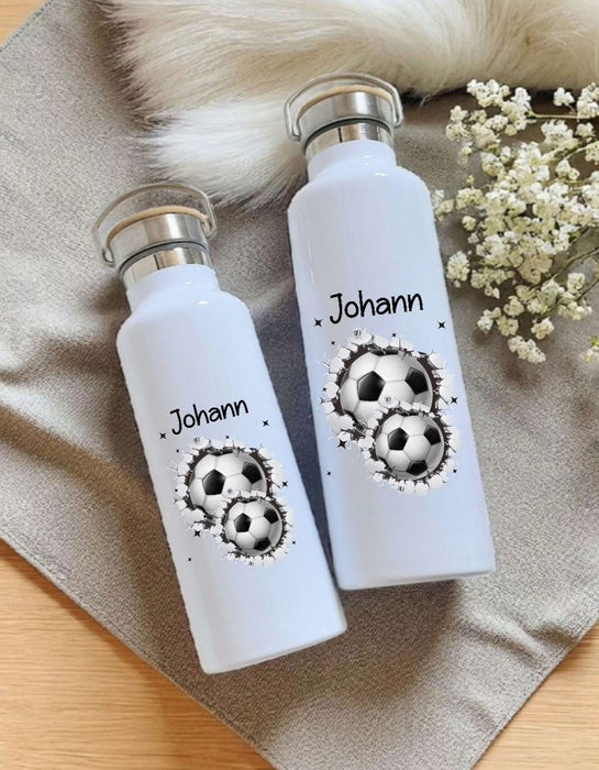 Personalisierte Kinder Trinkflasche mit Namen Fußball – Edelstahl Thermosflasche auslaufsicher für Kindergarten & Schule - CreativMade