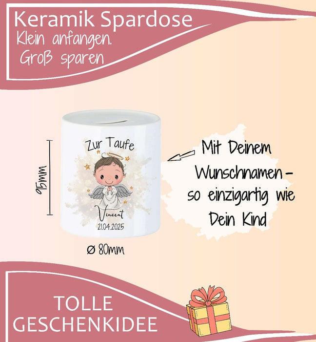 Personalisierte Taufspardose aus Keramik – Engel Mädchen - Spardose zur Taufe mit Namen - CreativMade