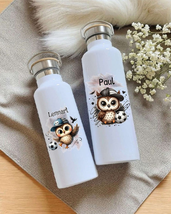 Personalisierte Kinder Trinkflasche mit Namen Eule – Edelstahl Thermosflasche auslaufsicher für Kindergarten & Schule - CreativMade