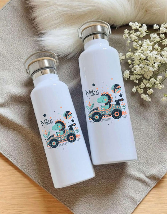 Personalisierte Kinder Trinkflasche mit Namen Dinosaurier Auto – Edelstahl Thermosflasche auslaufsicher für Kindergarten & Schule - CreativMade