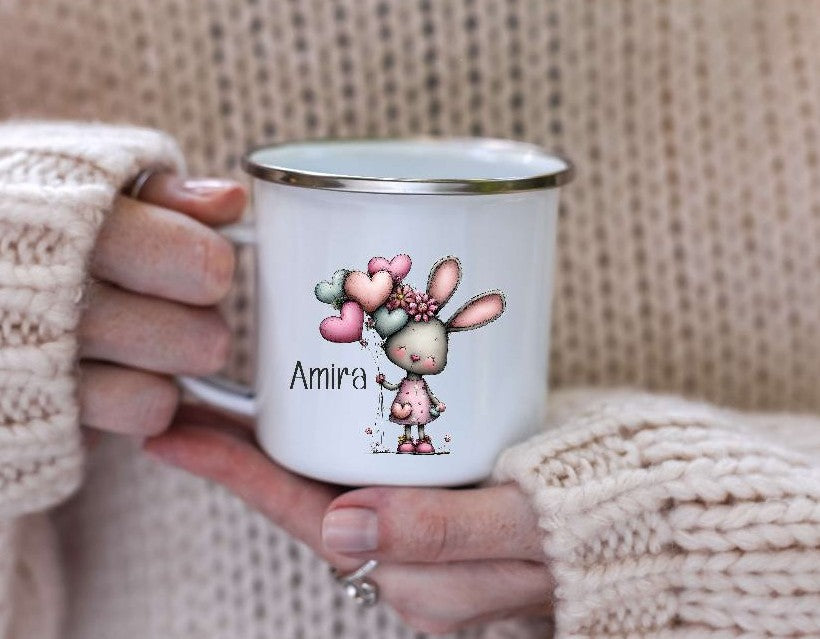 Kindertasse personalisiert mit Namen Hase Mädchen Emaille Keramik Kunststoff Geschenk - CreativMade 