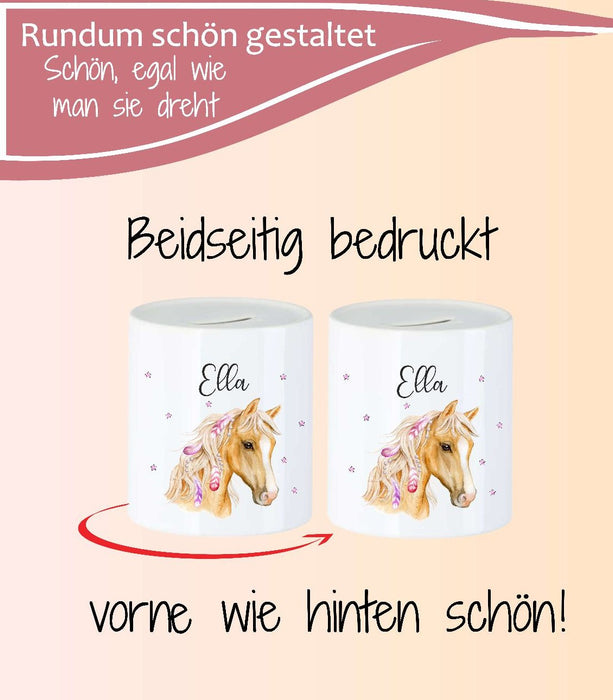 Personalisierte Kinderspardose mit Namen Pferd – Keramik Spardose zur Einschulung, Geburt oder Taufe - CreativMade 