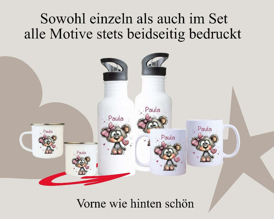 Personalisiertes Kinder Trinkflaschen- & Tassen-Set mit Namen Eule – Edelstahl Trinkflasche 500 ml für Schule & Kindergarten - CreativMade