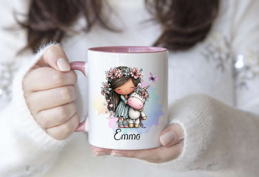 Kindertasse personalisiert mit Namen Einhorn Mädchen Emaille Keramik Kunststoff Geschenk - CreativMade 