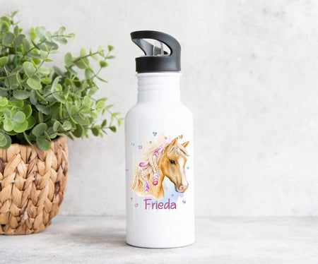 Personalisiertes Kinder Trinkflaschen- & Tassen-Set mit Namen Pferd – Edelstahl Trinkflasche 500 ml für Schule & Kindergarten - CreativMade