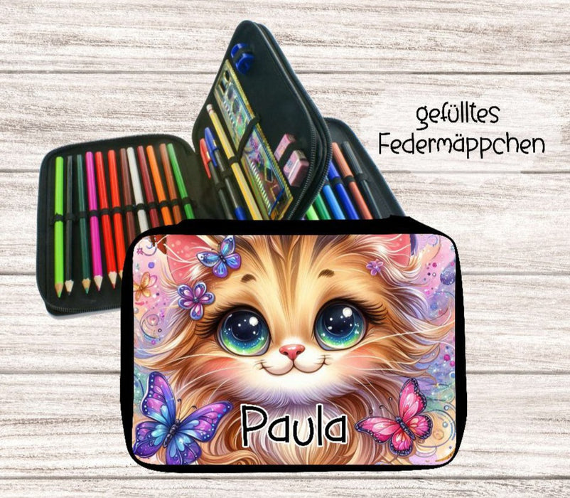 Personalisiertes Federmäppchen mit Name Katze Mädchen Geschenk Einschulung Federmappe Federpenal - CreativMade