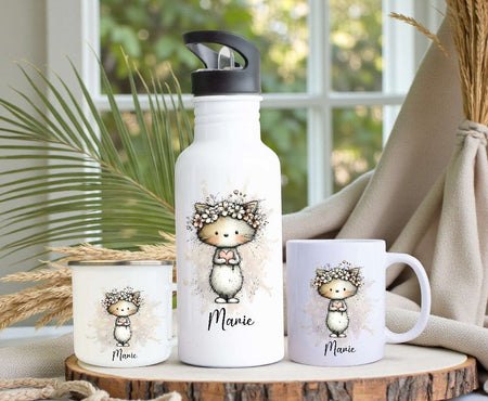 Personalisiertes Kinder Trinkflaschen- & Tassen-Set mit Namen Katze – Edelstahl Trinkflasche 500 ml für Schule & Kindergarten - CreativMade