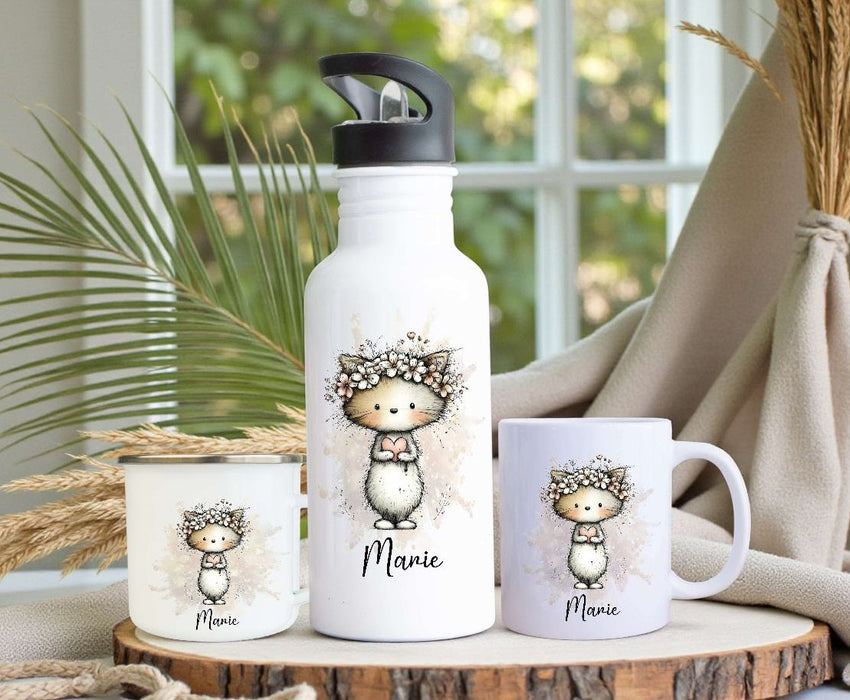 Personalisiertes Kinder Trinkflaschen- & Tassen-Set mit Namen Katze – Edelstahl Trinkflasche 500 ml für Schule & Kindergarten - CreativMade