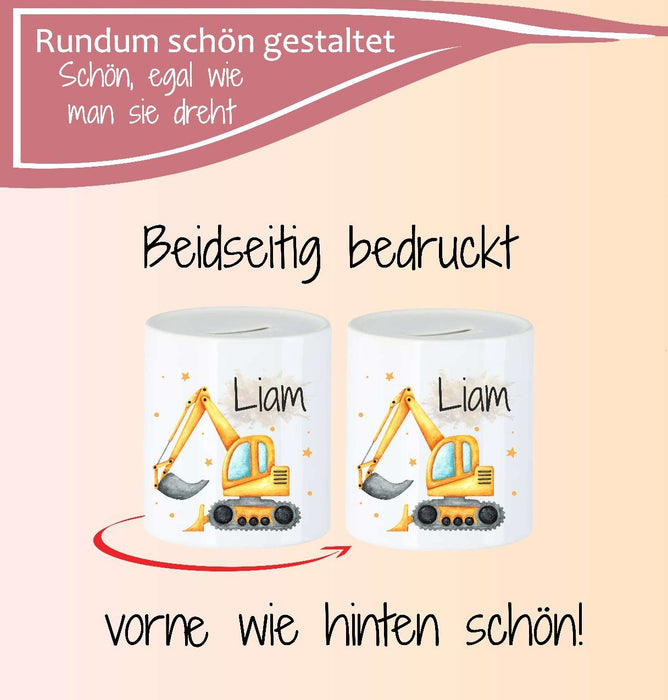 Personalisierte Kinderspardose mit Namen Radlader – Keramik Spardose zur Einschulung, Geburt oder Taufe - CreativMade