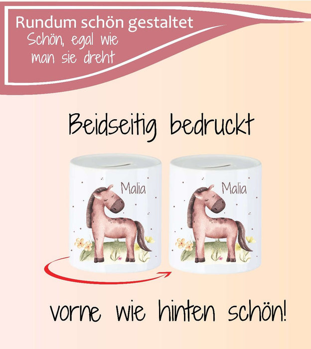 Personalisierte Kinderspardose mit Namen Pferd - Keramik Spardose zur Einschulung, Geburt oder Taufe - CreativMade
