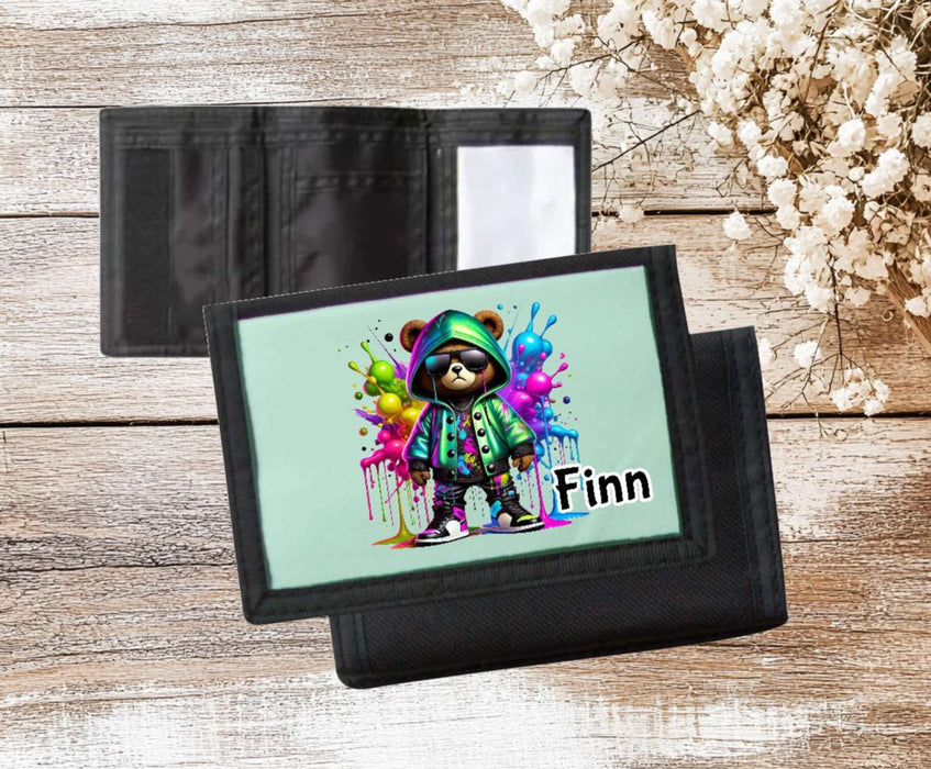 Kinder Geldbeutel personalisiert cooler Bär – Geldbörse mit Namen Klettverschluss Porte­mon­naie - CreativMade